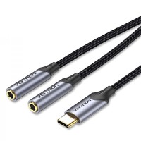 Кабель Vention 2х3.5 мм - USB Type-C (F/M), 0.3 м, Black (BGNHY)