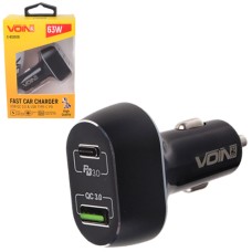 Автомобільний зарядний пристрій VOIN 63W, 1USB QC3.0 18W + 1PD 45W, 12/24V (C-63202Q)