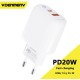 Мережевий зарядний пристрій Denmen DC26 (2USB) PD20W+QC3.0 White (DC26-WH)