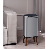 Сенсорное мусорное ведро 16 л Yiwei Sensor Trash Bin with Legs-16 с деревянными ножками, фиксация пакета, нержавеющая сталь, серебряный, товары для дома