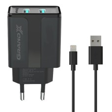 Зарядний пристрій Grand-X 5V 2,1A Black + cable USB-Lightning (CH15LTB)